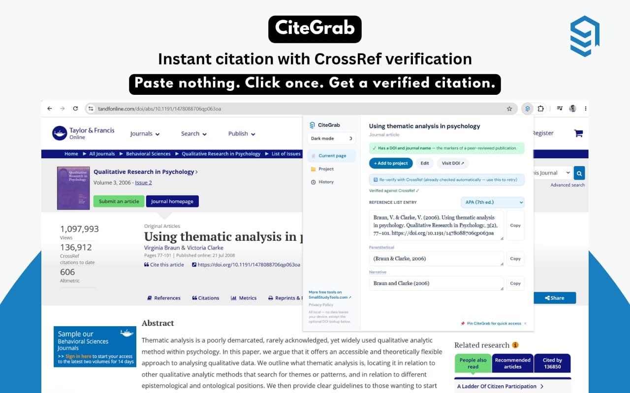 CiteGrab generating a citation on a real journal article page