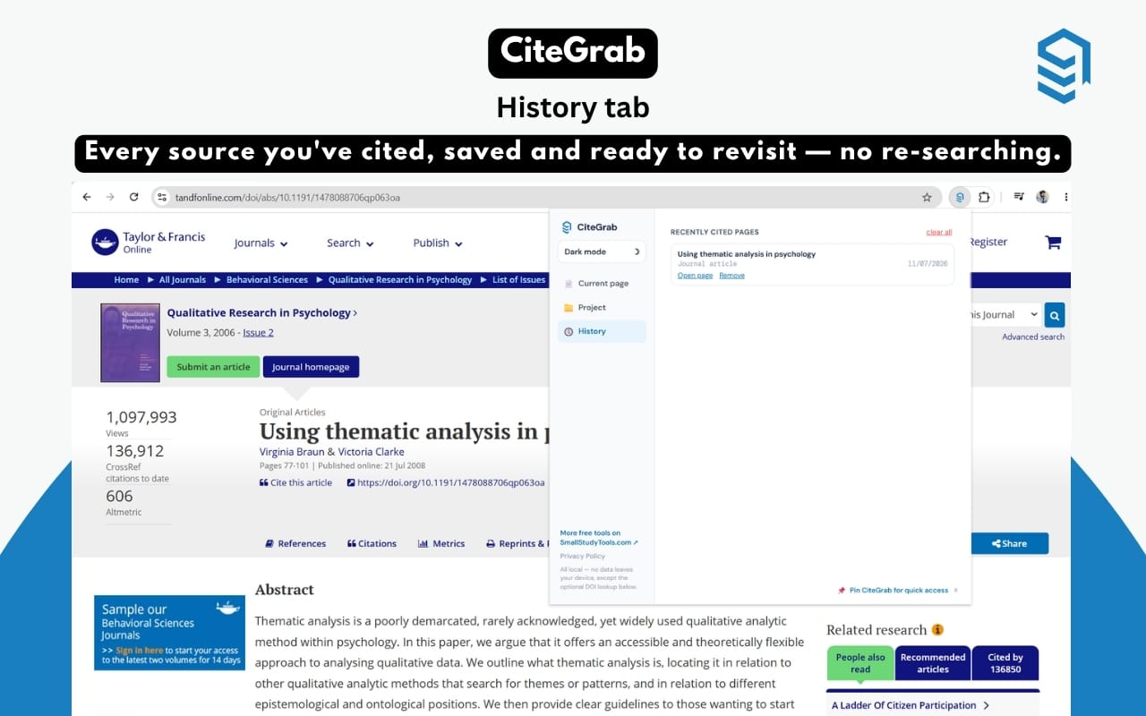 CiteGrab history tab showing recently cited pages