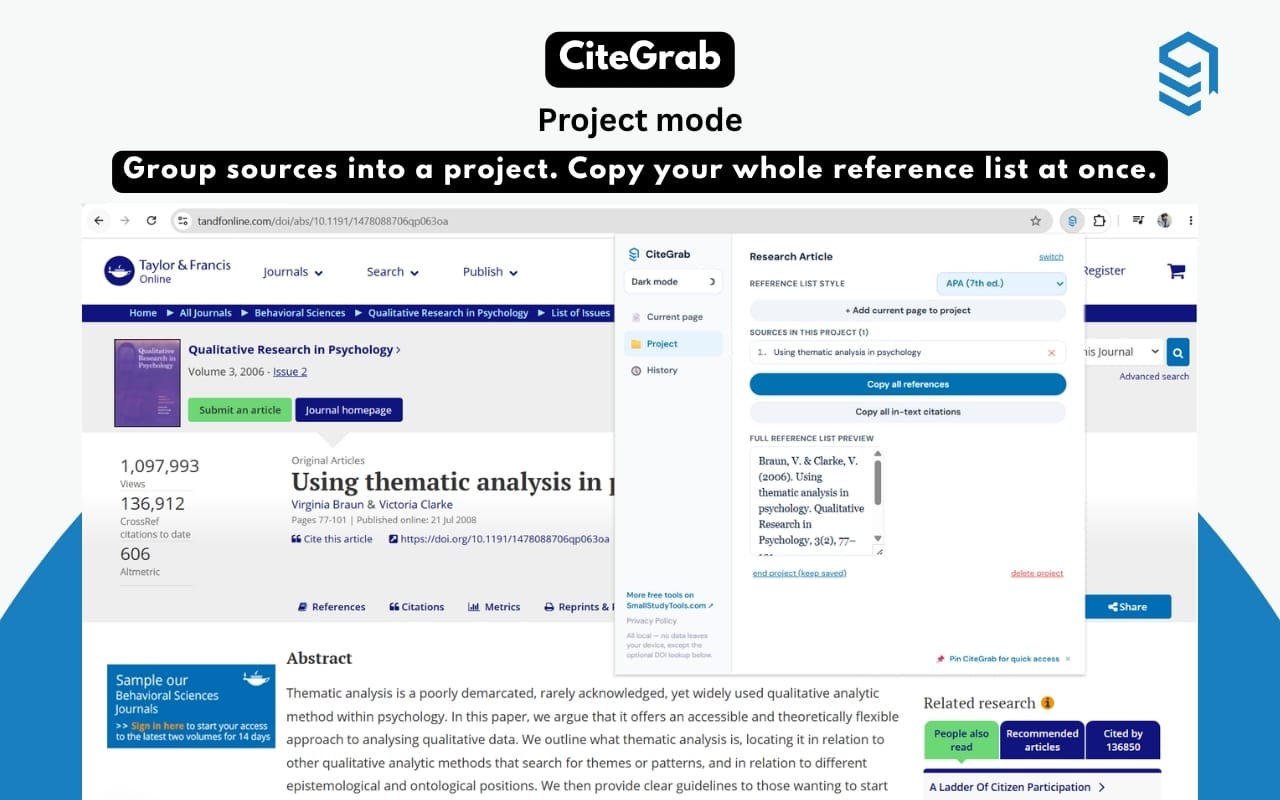 CiteGrab project mode showing a compiled reference list