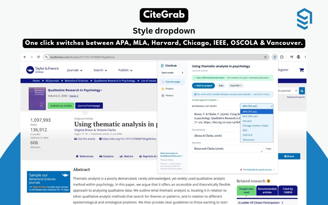 Citation style dropdown showing all seven supported styles